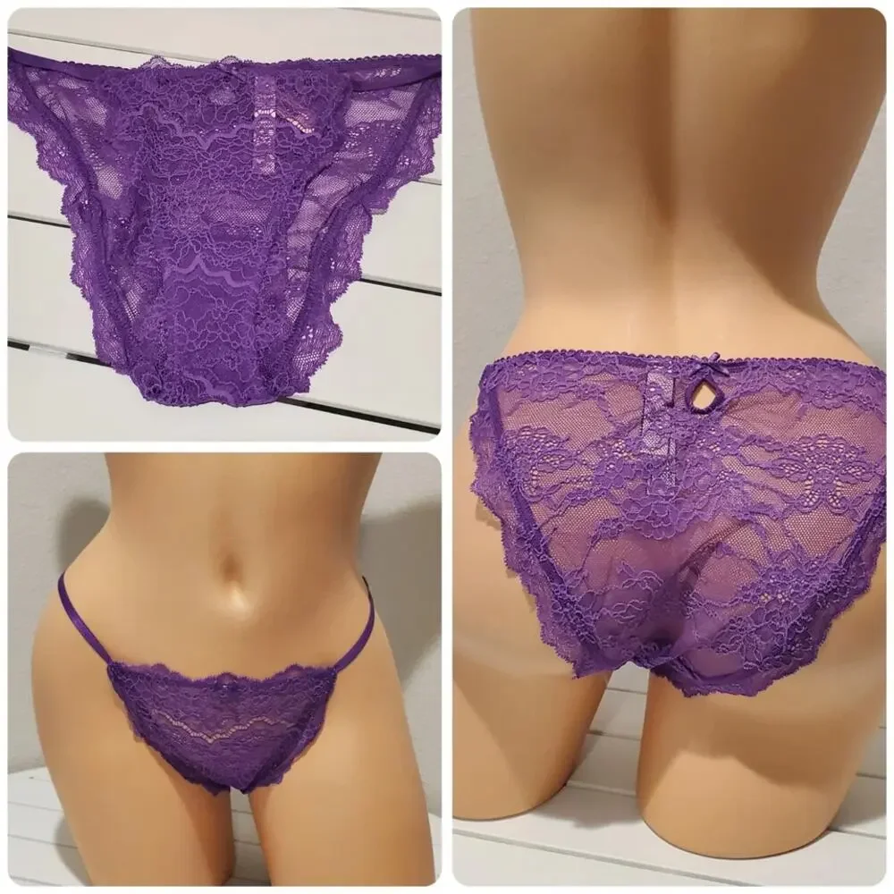 Victoria's Secret Dream Angels String Bikini Panty All Lace Shiny Purple 6/M
